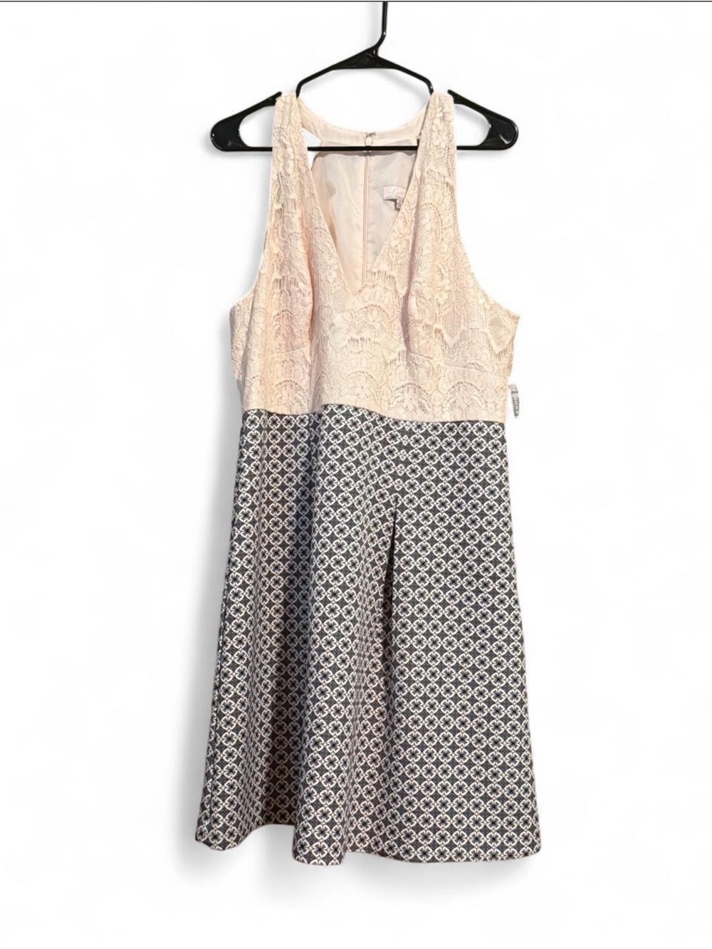 Adrianna Papell Blush Lace Bodice Midi Dress with Black & Cream Geometric Skirt